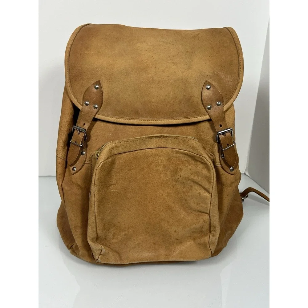 VINTAGE 70'S BOHO RUCKSACK CAMEL BROWN LEATHER BACKPACK UNBRANDED‎